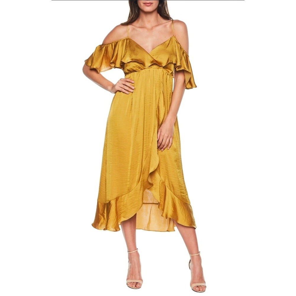 Bardot Bea Wrap Dress Gold Satin Ruffle High Low Maxi Medium NWT 39935DB1